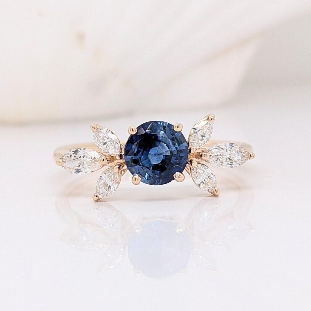 Ceylon Blue Sapphire & Marquise Diamond Ring In Solid 14k Yellow Gold